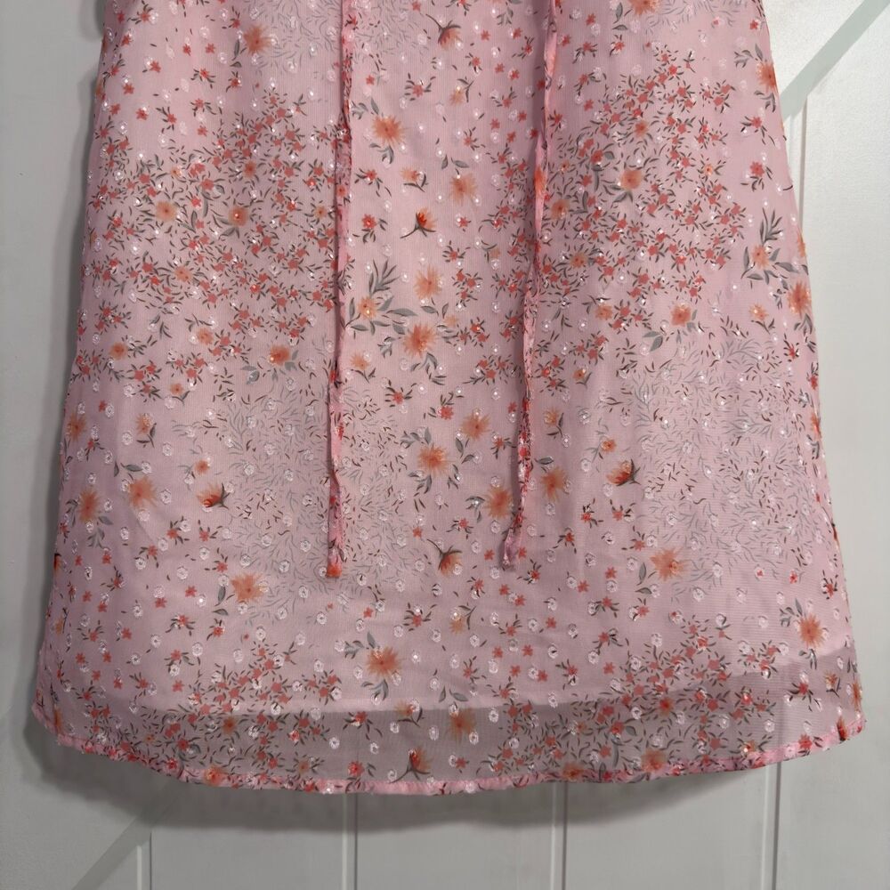 Women’s Pink Sleeveless Sheer Floral Ruffle Tie Neck Blouse Top Size Small - Picture 8 of 13
